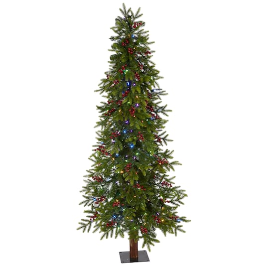 Nearly Natural 6 Foot Fir With Berries And 415 Bendable Branches And 250 Multi-Color (Multifunction) Led Lights Pre-Lit Christmas Tree, One Size, Gree